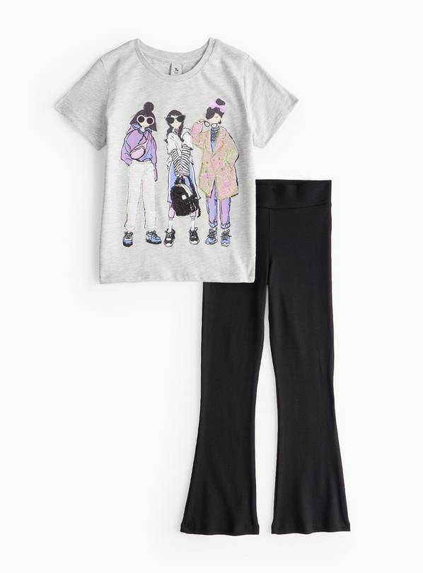 Grey Printed T-Shirt & Black Flared Leggings Set 8 years